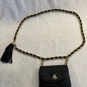 Black Leather mini bag on black and gold chain belt